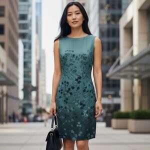 Casual Corner Silk Dress – Teal Sleeveless Sheath with Gradient Floral Print